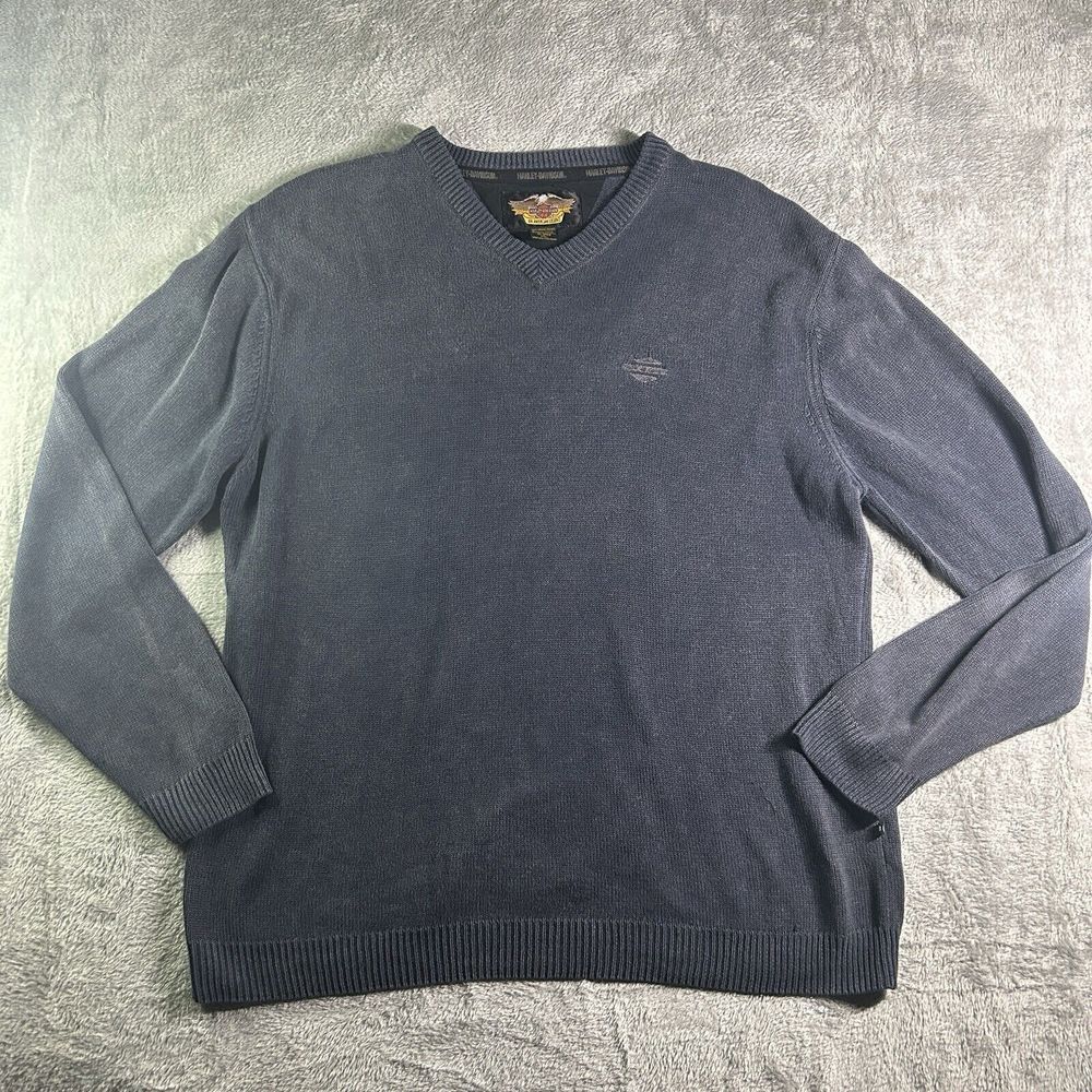 VTG‎ Harley-Davidson Sweater Men's XL Gray Long Sleeve V-neck Ramie Cotton Blend